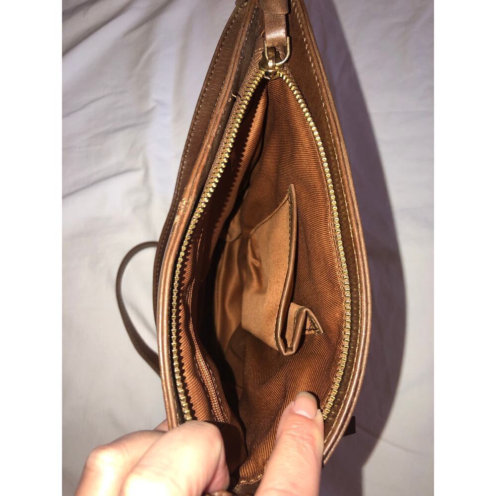 Estalon Brown Crossbody Leather Bag Outside Zip Pockets Gold Hardware Adjustable - Picture 5 of 6